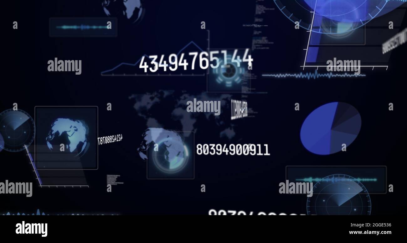 Image of numbers changing and data processing on screens over world map ...