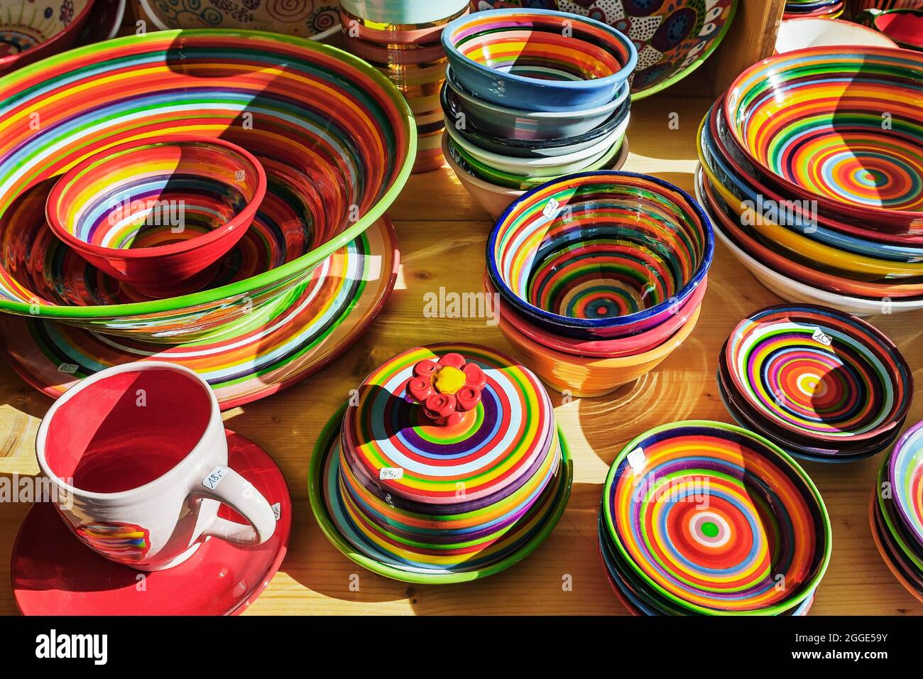 Colourful tableware, Auer Dult, Munich, Bavaria, Germany Stock Photo
