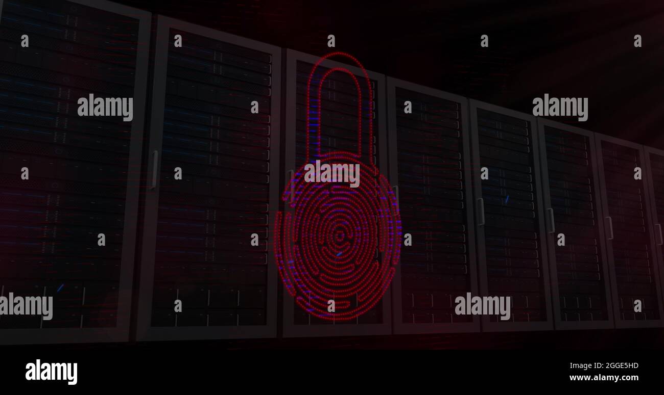 Security padlock icon against multiple servers Stock Photo