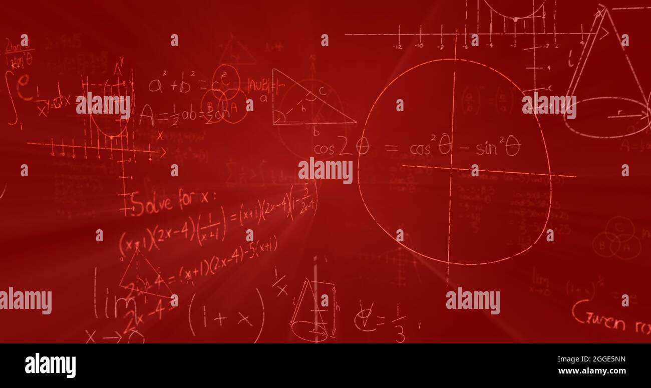 Image of mathematical formulae with data processing and information flowing on red background Stock Photo