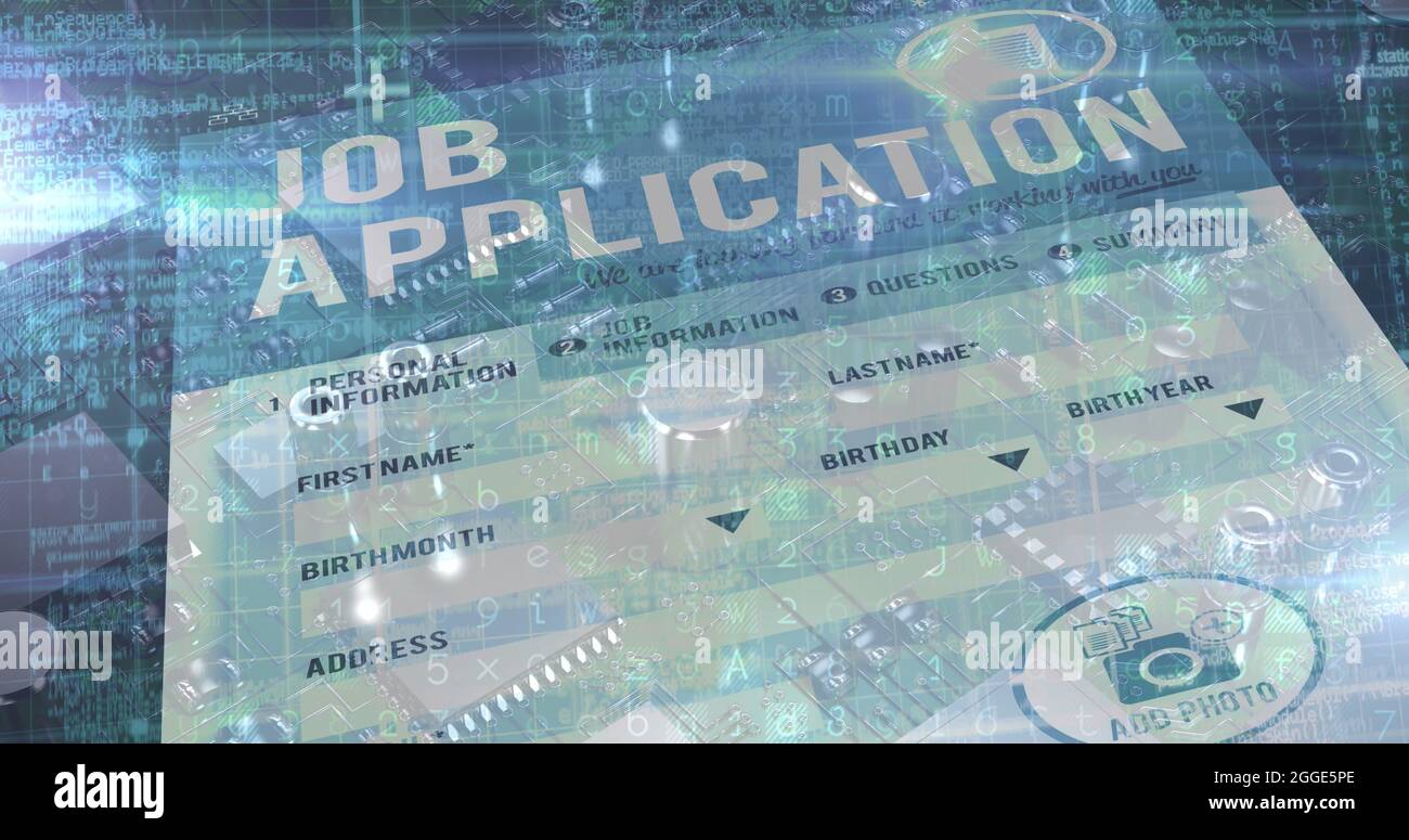 Image of job application form pver a microprocessor with data and information Stock Photo