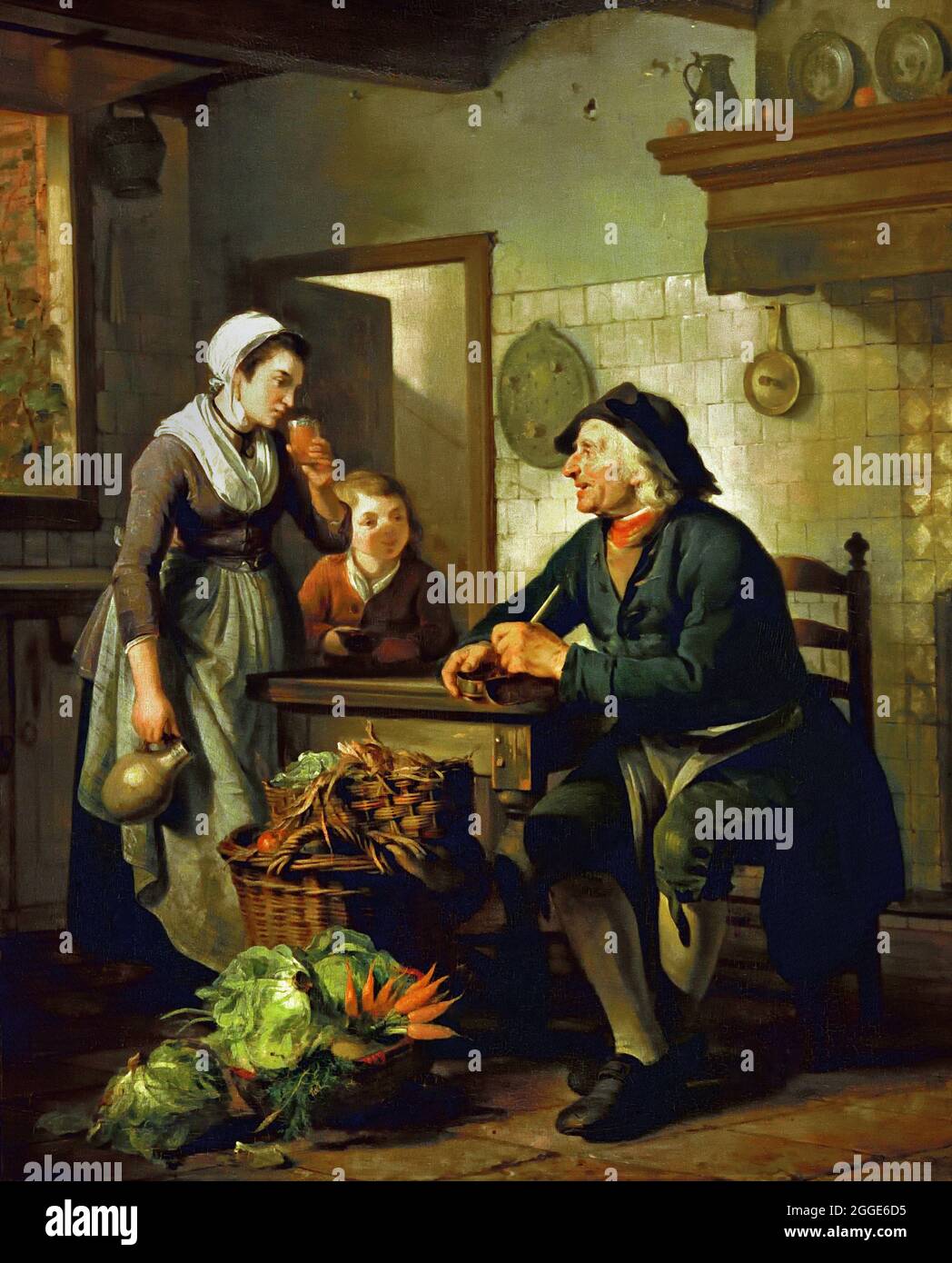Morning visit 1796 Adriaan de Lelie, 1755-1820 oil on panel, Dutch, The Netherland. ( Old Dutch kitchen and cake baker in the  room.  baskets with vegetables, earthenware jug, tin, fireplace, copper, ) Stock Photo