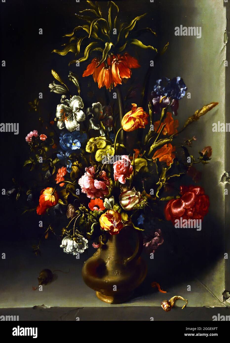 Flower Still Life with an Imperial Crown in a Stone Niche, 1613 Jacob Vosmaer 1584-1641, Oil paint on panel, Dutch, The Netherlands. Stock Photo