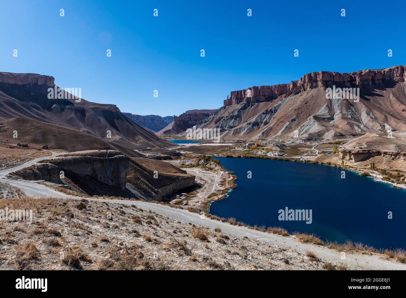 Overlook over the deep blue lakes of the Unesco National Park, Band-E-Amir National Park, Afghanistan Stock Photo