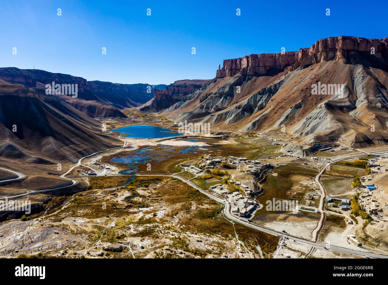Aerial of the deep blue lakes of the Unesco National Park, Band-E-Amir National Park, Afghanistan Stock Photo