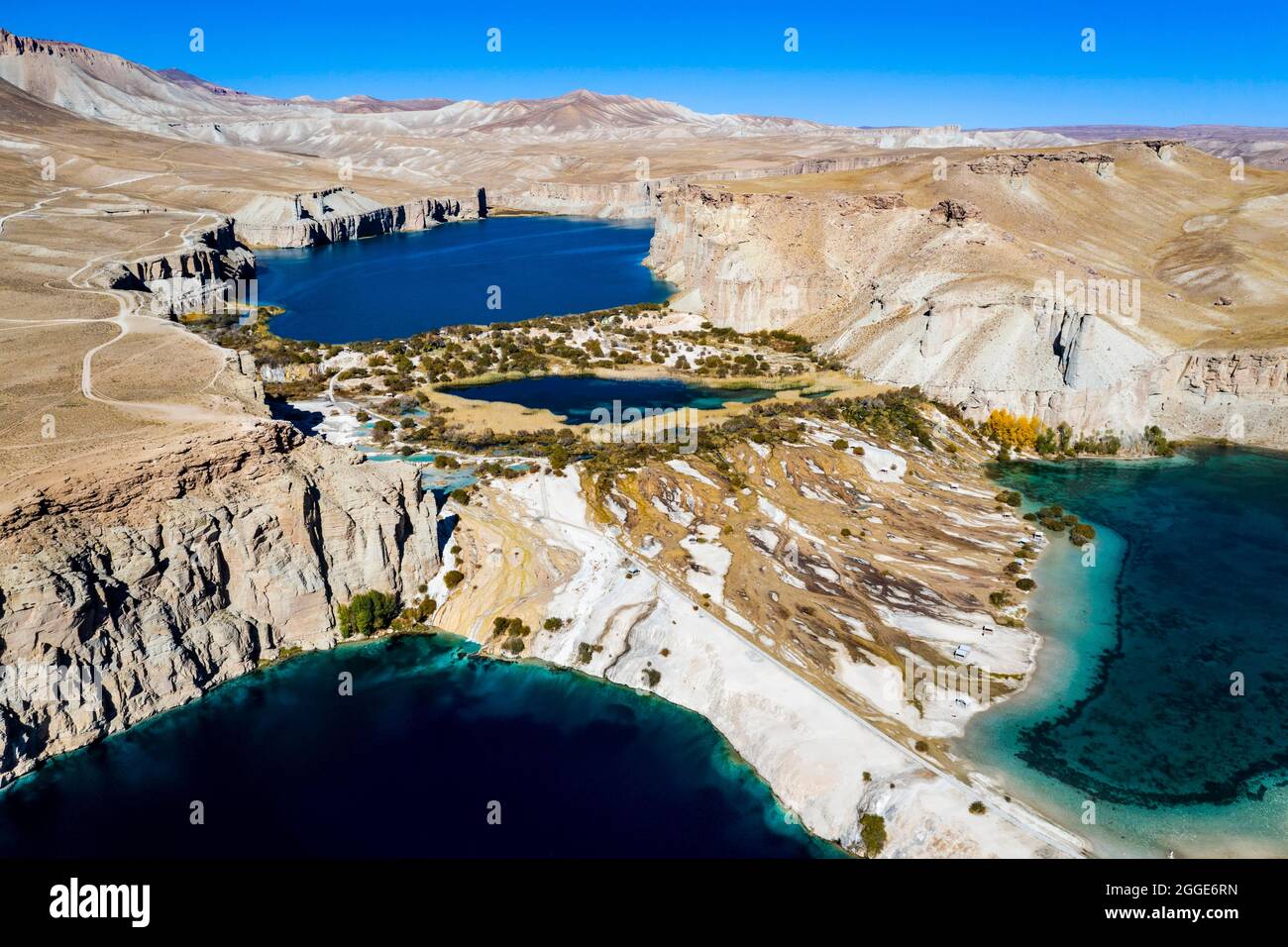 Aerial of the deep blue lakes of the Unesco National Park, Band-E-Amir National Park, Afghanistan Stock Photo