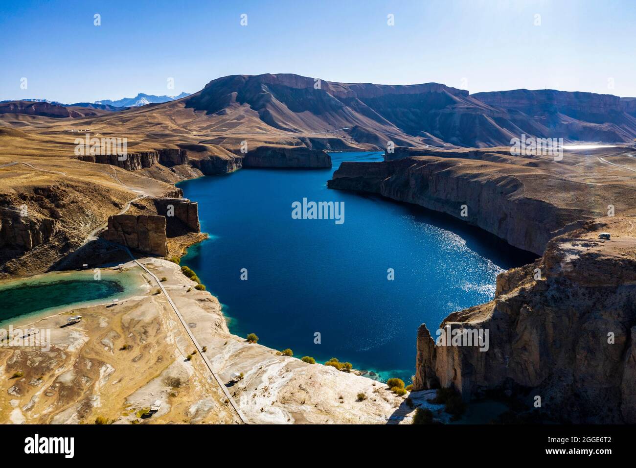 Aerial of the deep blue lakes of the Unesco National Park, Band-E-Amir National Park, Afghanistan Stock Photo