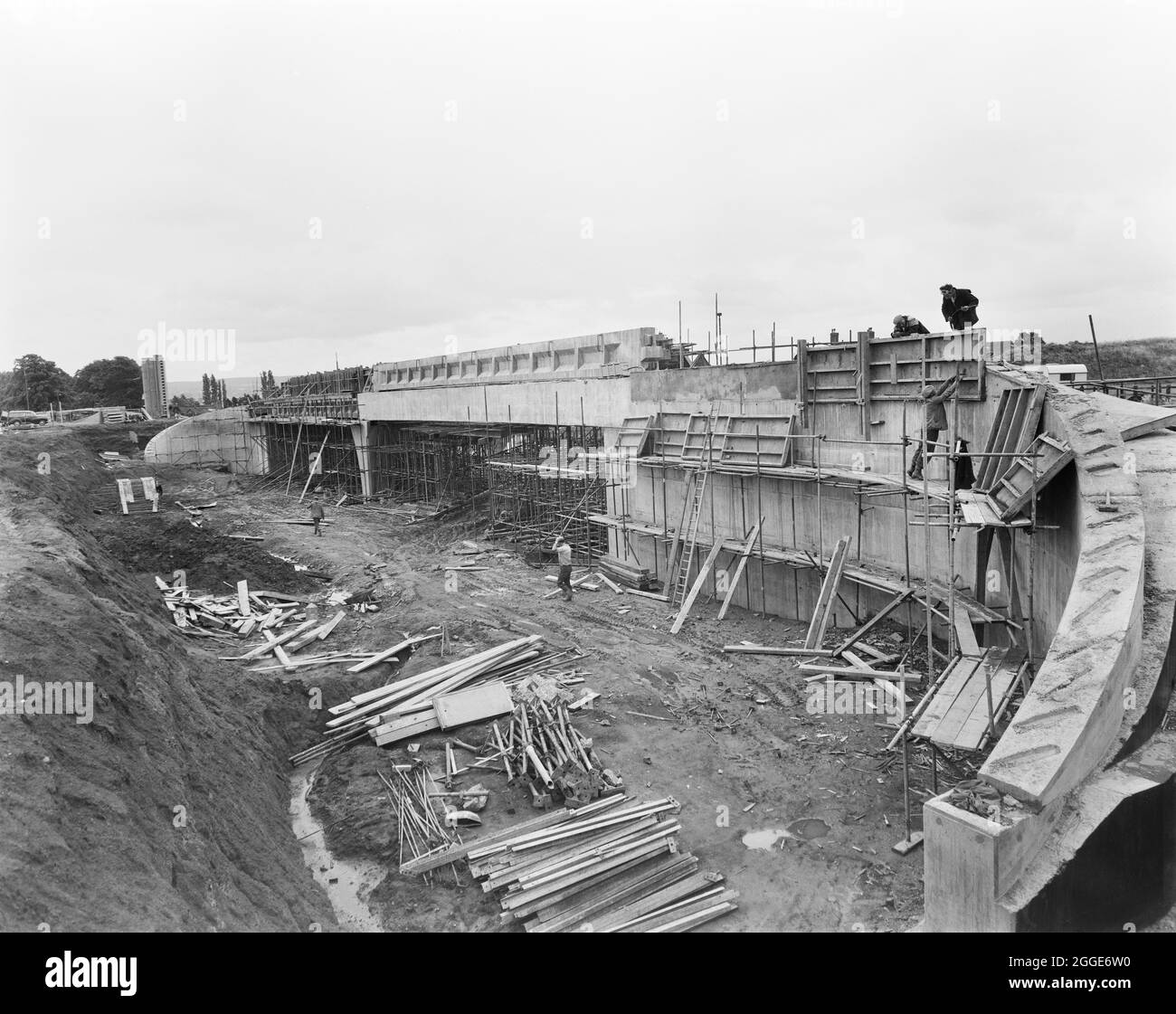 A view of the construction of Structure 306 (Barn Bank Lane bridge) on the Birmingham to Preston Motorway (M6), showing the bridge during stressing of the prestressed concrete. This road bridge, which is located at SJ9211419999, opened in March 1962. Stock Photo
