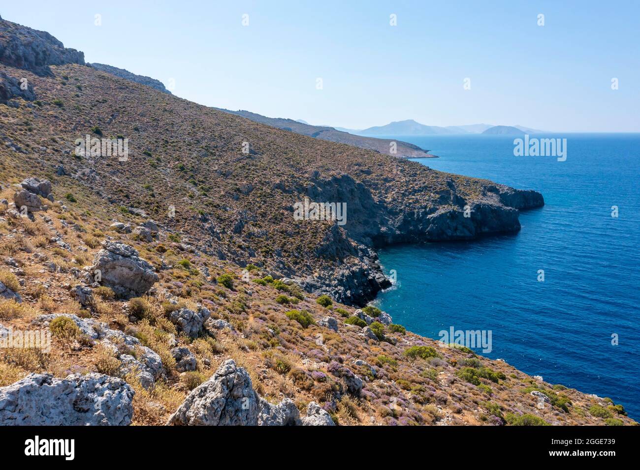 Barren Coast, Maccia, Blue Sea on the Coast of Kalymnos, Dodecanese, Greece Stock Photo
