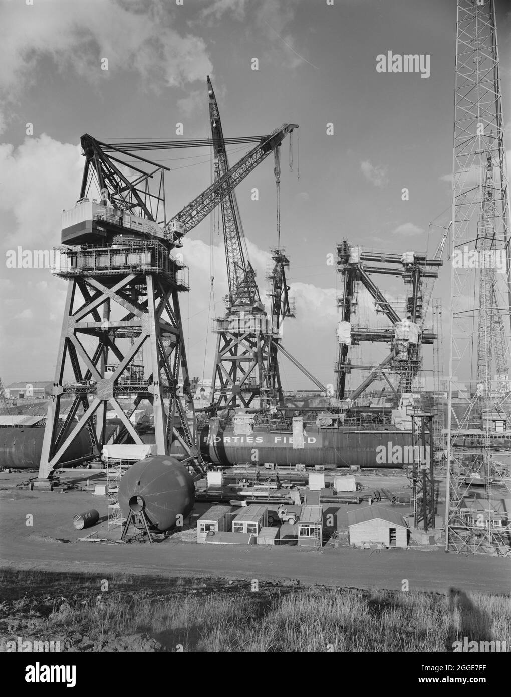 A view of the construction of an oil platform at Graythorp, showing ...