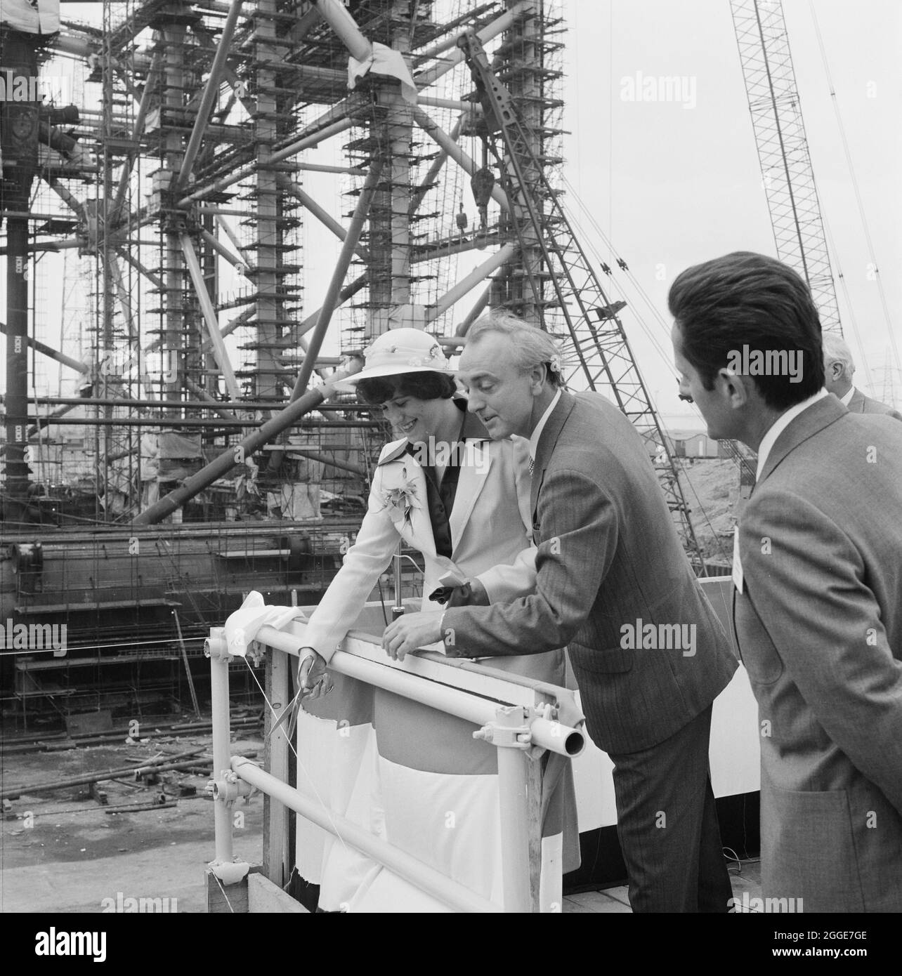 The naming ceremony of the oil platform Thistle A being carried out by J Potts, an apprentice draughtswoman at Graythorp. In the early 1970s Laing Pipelines Offshore constructed the Graythorp fabrication yard and dry dock on the site of the old William Gray Shipyard. The company created a dry dock which was used for the construction of fixed platform North Sea drilling rigs for the BP North Sea Oil Project. Oil platforms, Graythorp I and Graythorp II were built at this site between 1972-1975, followed by Thistle A, which at the time was the largest steel oil production platform in the world. T Stock Photo