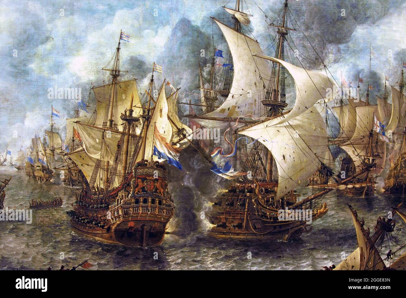 The Battle of Terheide 10 August 1653 by Jan Abrahamsz. Beerstraten, 1653 - 1666 Dutch, The Netherlands. ( war fought with England. .  center of the painting, the largest ship of the Dutch fleet, Admiral Maerten Harpertsz Tromp's Brederode, The Netherland, Holland. Stock Photo