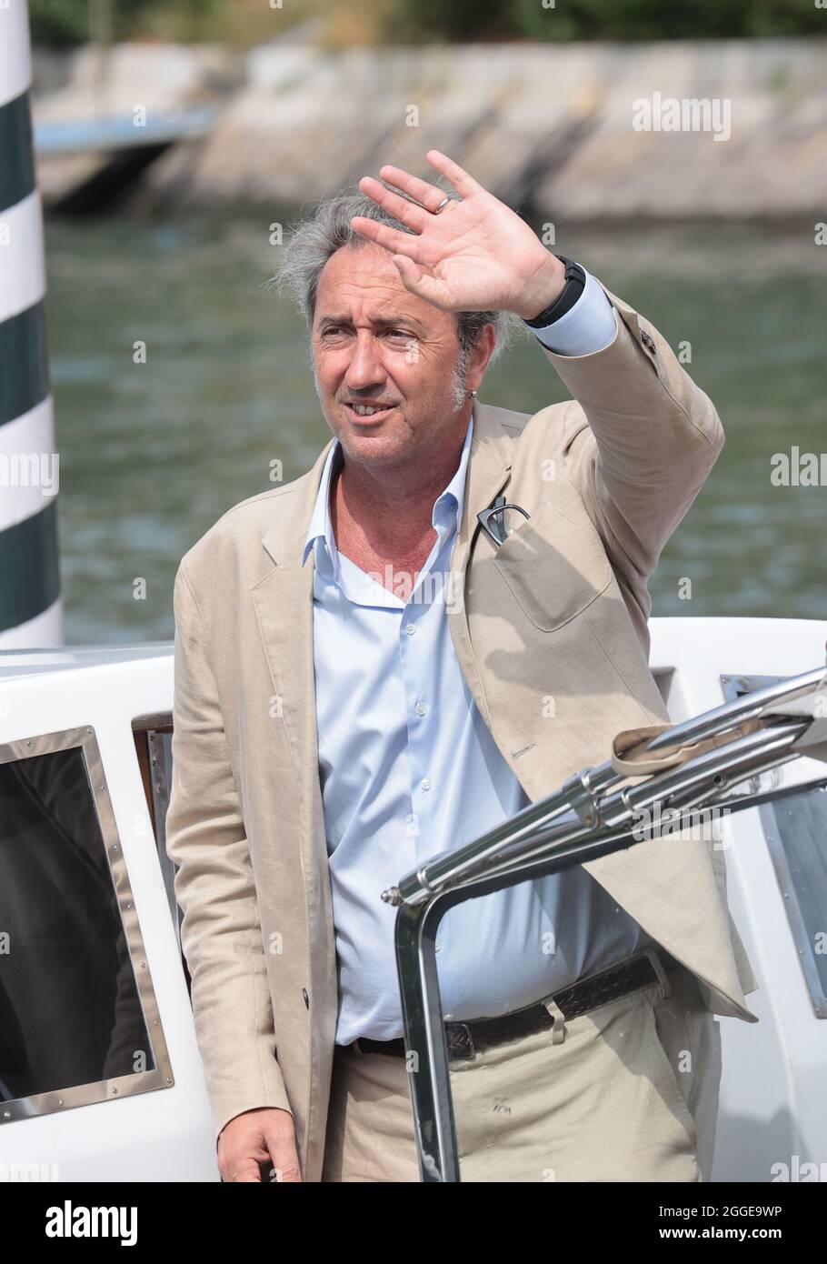 VENICE, ITALY - AUGUST 31: Director Paolo Sorrentino is seen arriving at the 78th Venice Film Festival at the Excelsior darsena on August 31, 2021 in Venice, Italy Stock Photo