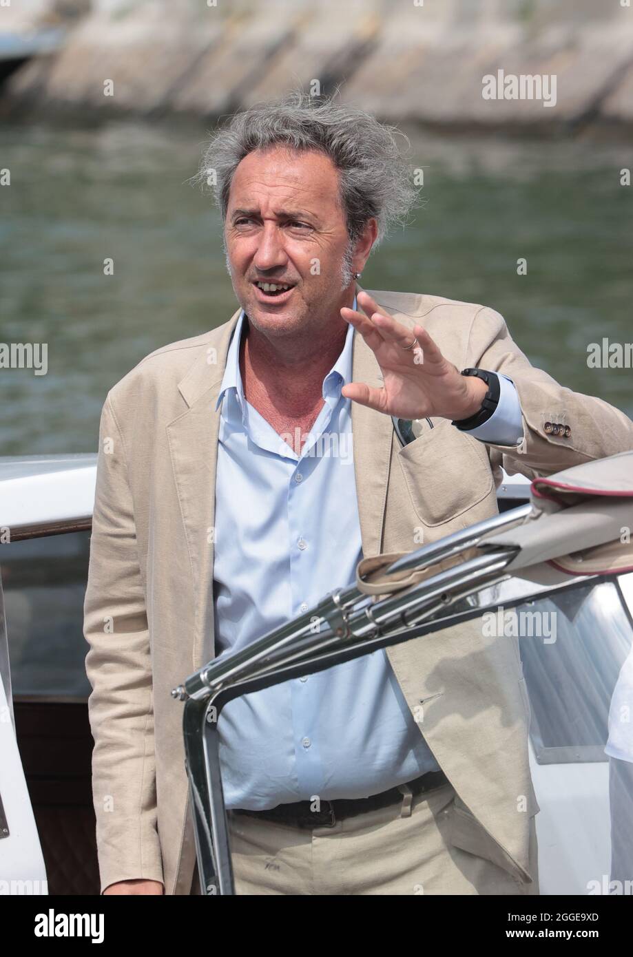 VENICE, ITALY - AUGUST 31: Director Paolo Sorrentino is seen arriving at the 78th Venice Film Festival at the Excelsior darsena on August 31, 2021 in Venice, Italy Stock Photo