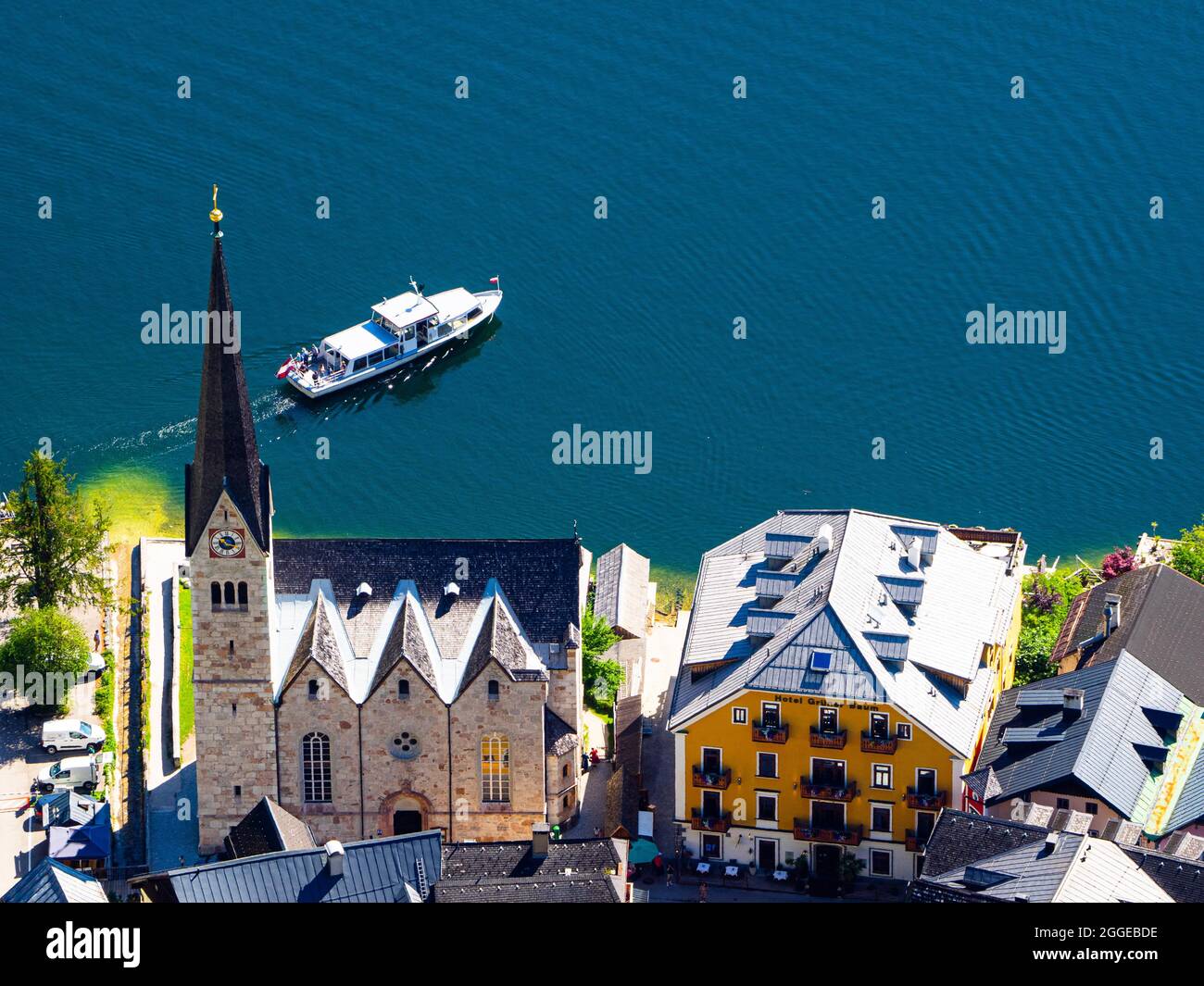Protestant church, excursion boat, Hallstaettersee, Hallstatt ...