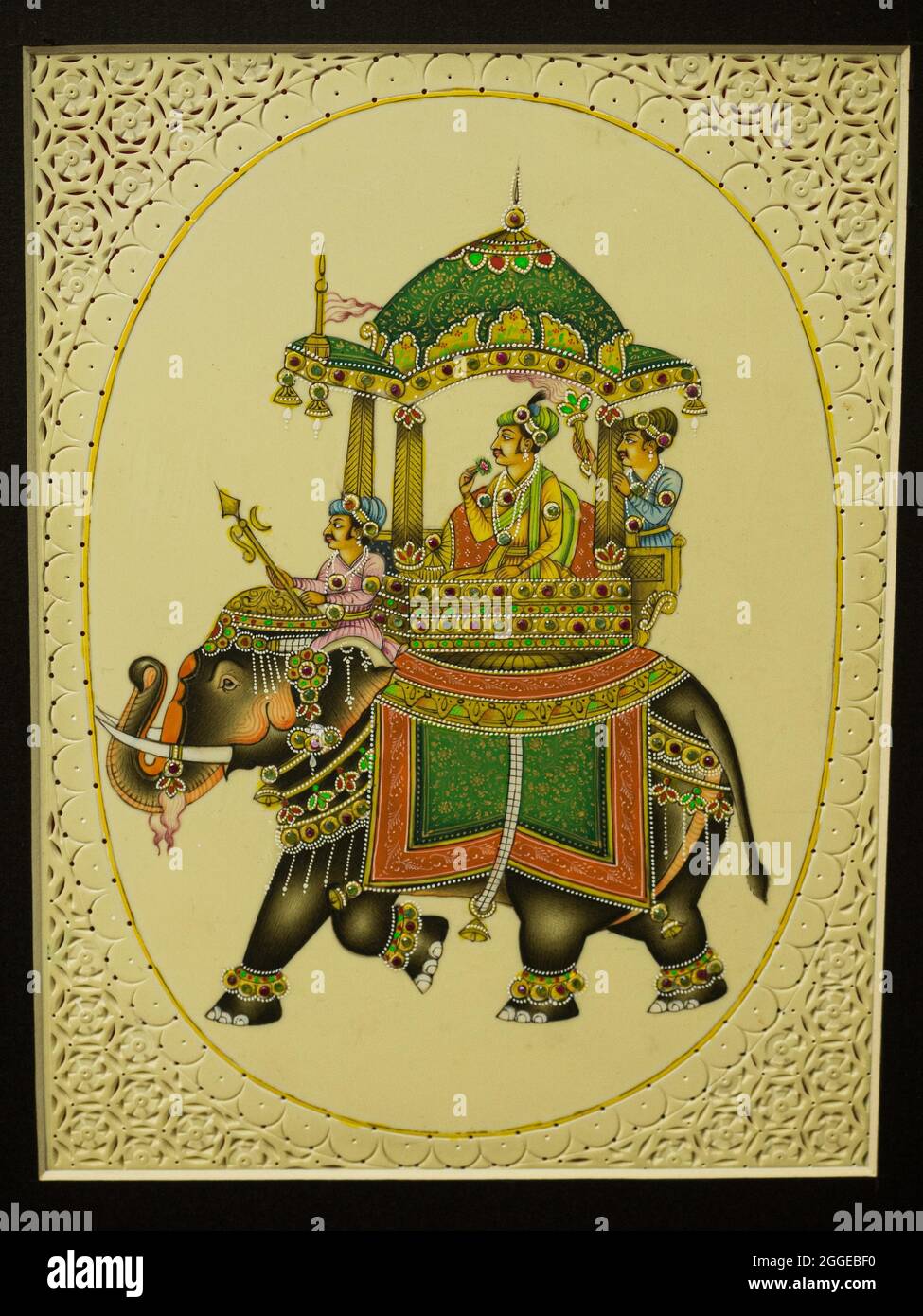 Maharaja riding an elephant, historical scene, traditional miniature
