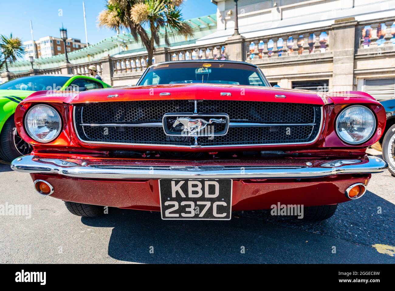 Ford Mustang, red classic car, Brighton Beach, Brighton, East Sussex, England, United Kingdom