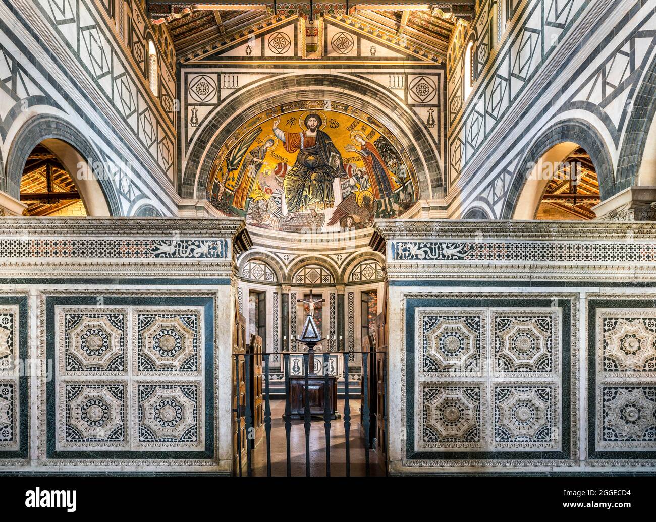 Choir screens and apse with mosaic of Christ as Pantocrator between the Virgin Mary and Saint Minias, 1260, choir room, San Miniato al Monte Stock Photo