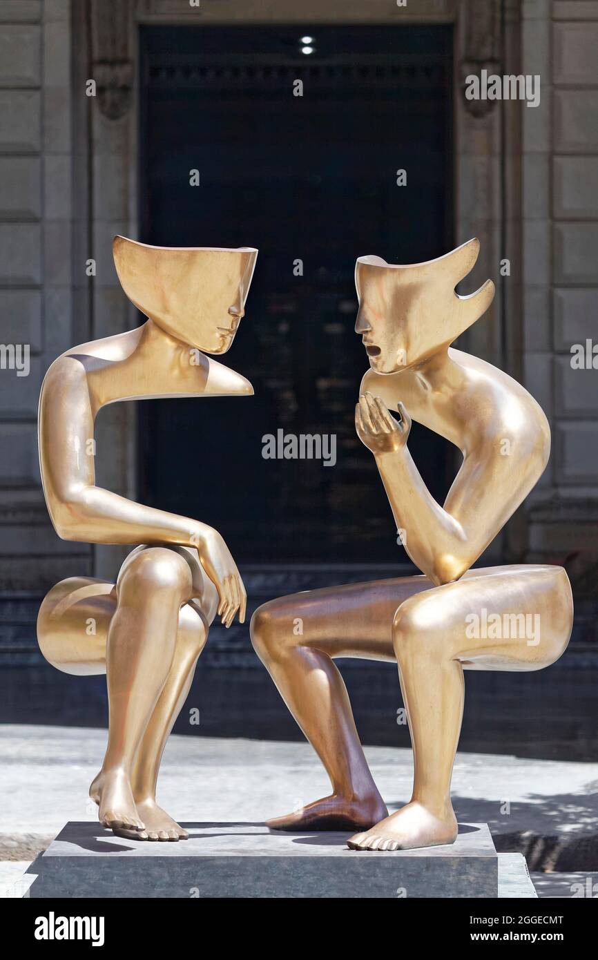 Sculpture La Conversation by Etienne in front of Lonja del Comercio Building, Renaissance and Eclecticism, formerly Stock Exchange, Plaza de San Stock Photo