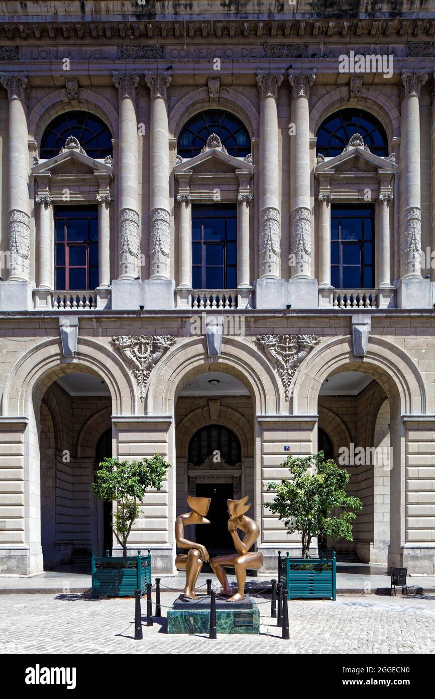 Lonja del Comercio Building, Renaissance and Eclecticism, formerly Stock Exchange, sculpture La Conversation by Etienne, Plaza de San Francisco de Stock Photo