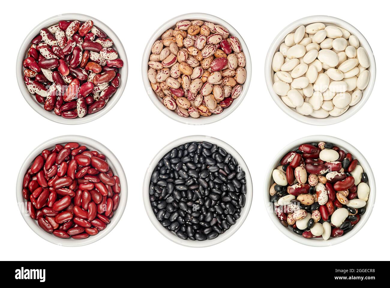 Set of various beans with clipping path isolated on white background. Top view Stock Photo