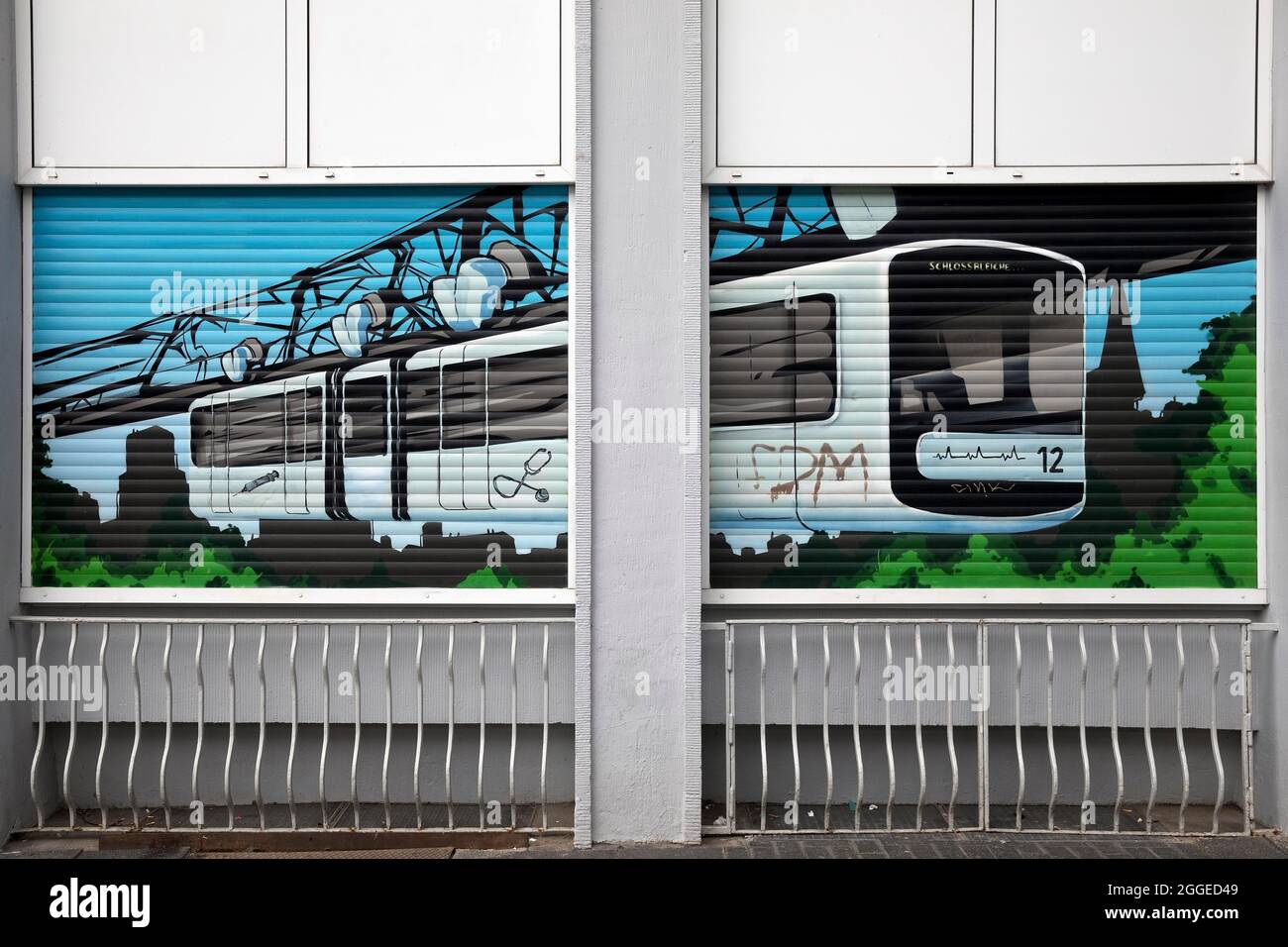 Suspension railway painted on roller blinds in the centre of Elberfeld, Wuppertal, Bergisches Land, North Rhine-Westphalia, Germany Stock Photo
