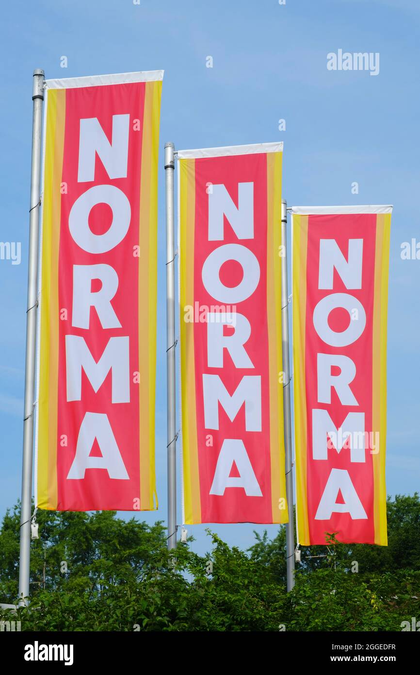 NORMA, food discounter flags, North Rhine-Westphalia, Germany Stock Photo