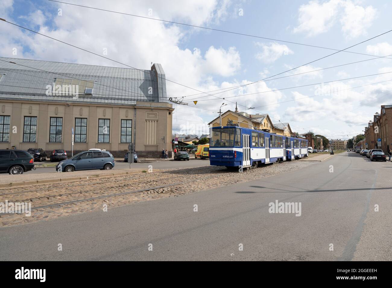 Riga, Latvia. August 2021.  A tram in the streets of the city center Stock Photo