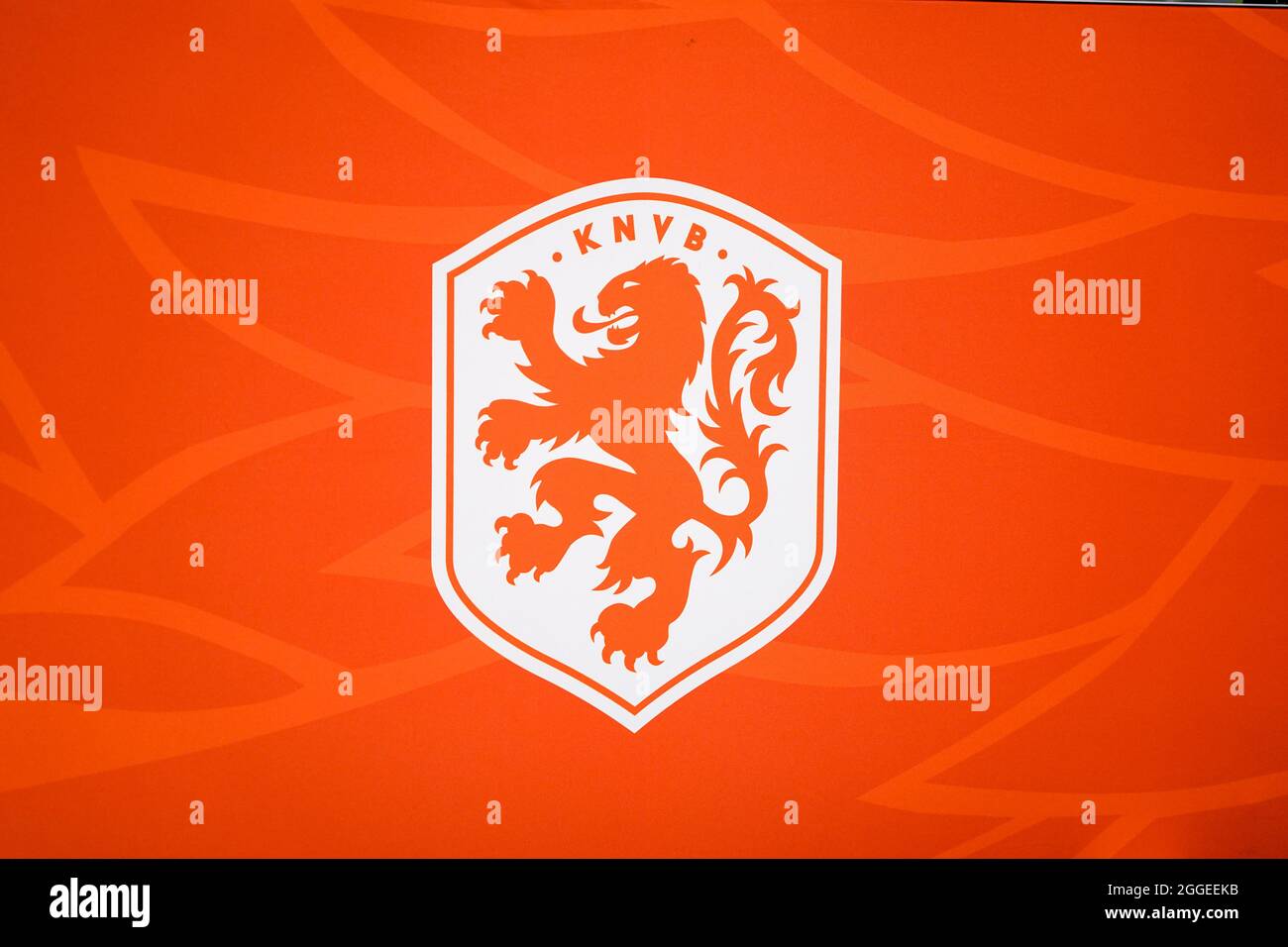 ZEIST, NETHERLANDS - AUGUST 31: KNVB Logo during the Netherlands Press Conference  at KNVB Campus on August 31, 2021 in Zeist, Netherlands (Photo by Jeroen Meuwsen/Orange Pictures) Stock Photo