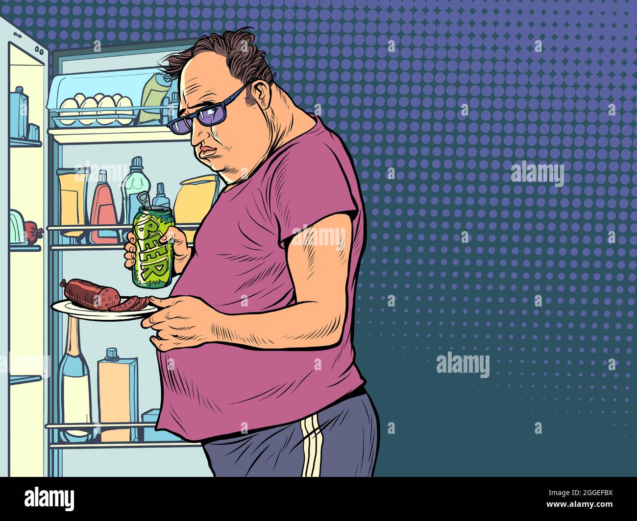 Fat man at the refrigerator. Night hunger. Overweight and health, diet Stock Vector