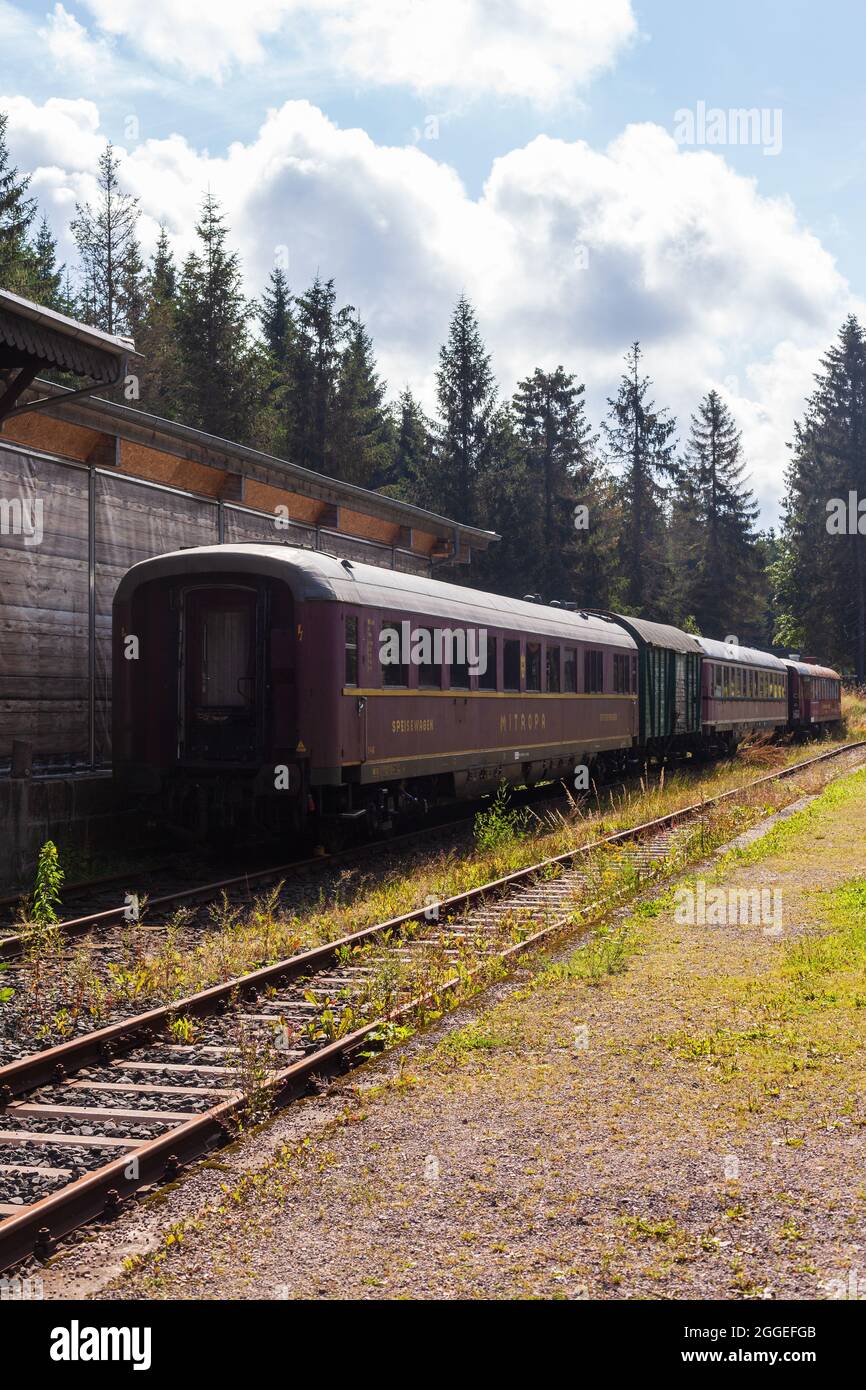 Old railroad cars of the GDR state railroad at Rennsteig station. Stock Photo