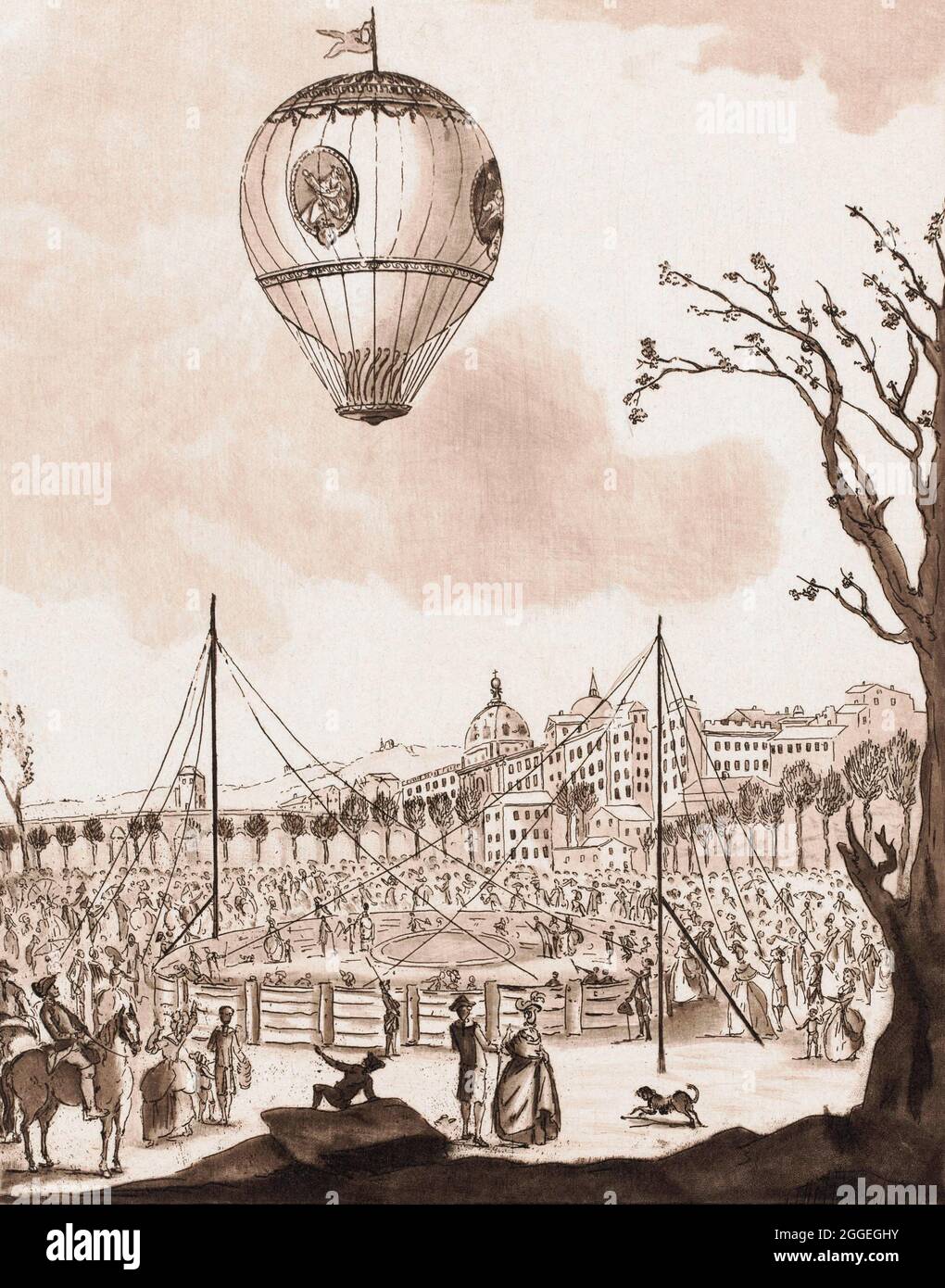 Hot air balloon flight on January 19, 1784 piloted by Joseph-Michel Montgolfier, 1740 – 1810 and Jean-François Pilâtre de Rozier, 1754 - 1785 and five others.  The balloon named Le Flesselles was launched from Lyon, France.  It was one of the biggest balloons ever launched, including to this day, with a volume of around 19,800 cubic meters (around 700.000 cubic feet.)  Le Flesselle only managed to fly for 13 minutes before beginning to leak its hot air.  It landed safely with no one injured. Stock Photo