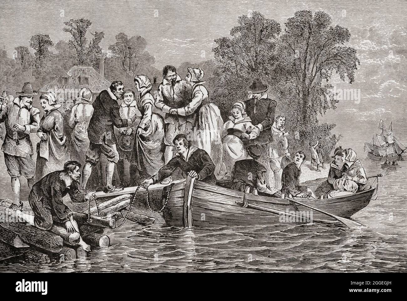 The first of the so-called Tobacco Wives or Tobacco Brides arrive in Jamestown, Virginia, USA in 1620.  The Virginia Company of London who had founded Jamestown realized that the nearly all-male colony could not survive without women.  An offer in England to pay the passage of any woman willing to travel to America and perhaps marry a Jamestown bachelor attracted 90 women who arrived in 1620 and a further 56 who made the journey in 1621 and 1622.  After a 19th century work by William Sheppard. Stock Photo