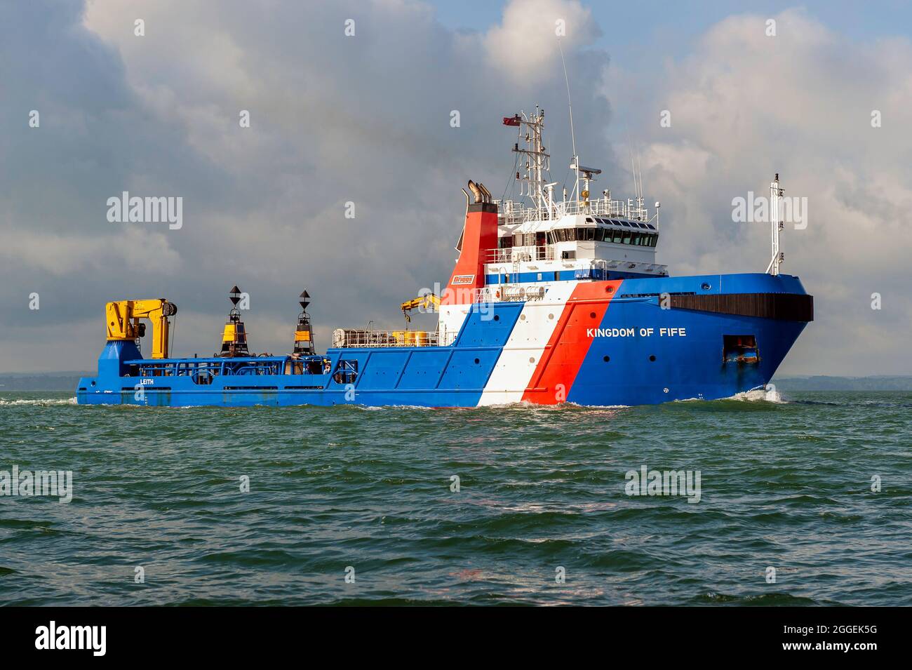 The anchor handling vessel Kingdom of Fife is operated by the Scottish company Briggs Marine - May 2009. Stock Photo