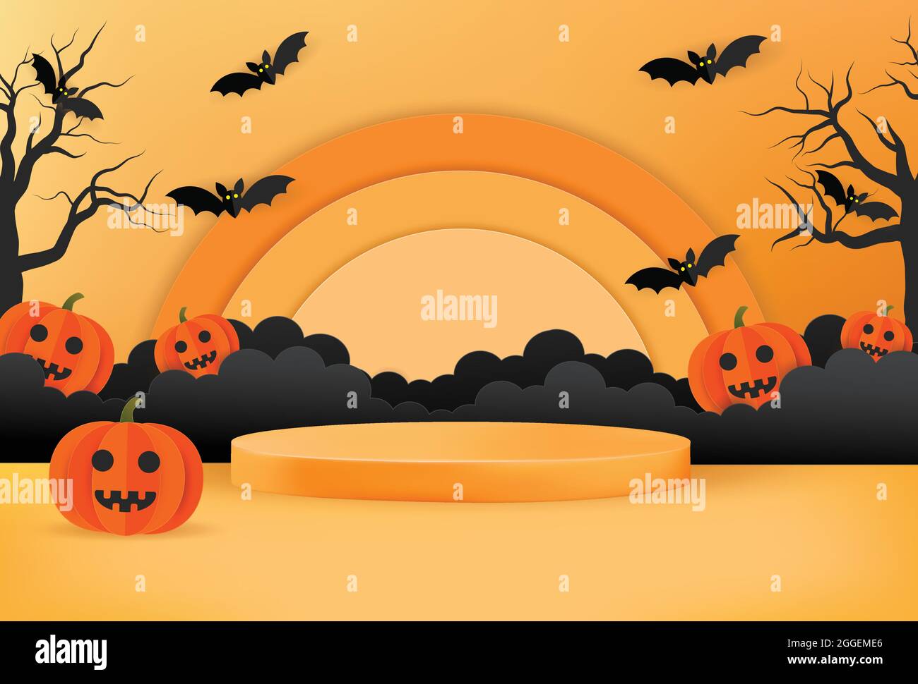 Halloween 3D rendering background vector illustration in paper cut style.  Halloween orange banner with pumpkins, bats, podium, clouds and creepy tree  Stock Vector Image & Art - Alamy