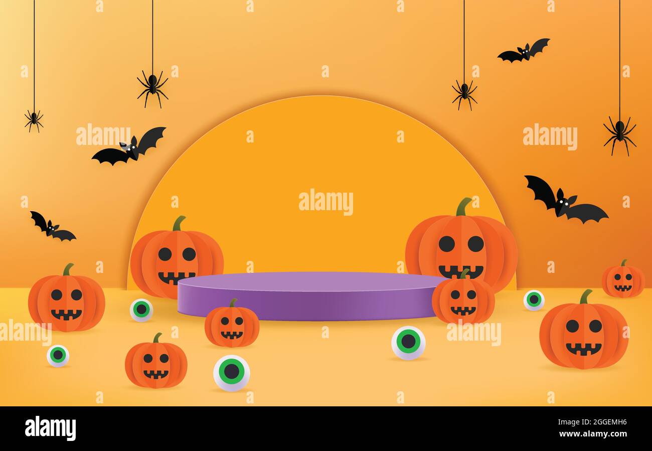 Halloween 3D rendering background vector illustration in paper cut style. Halloween orange banner with pumpkins, bats, podium, spiders and eyeballs. Stock Vector