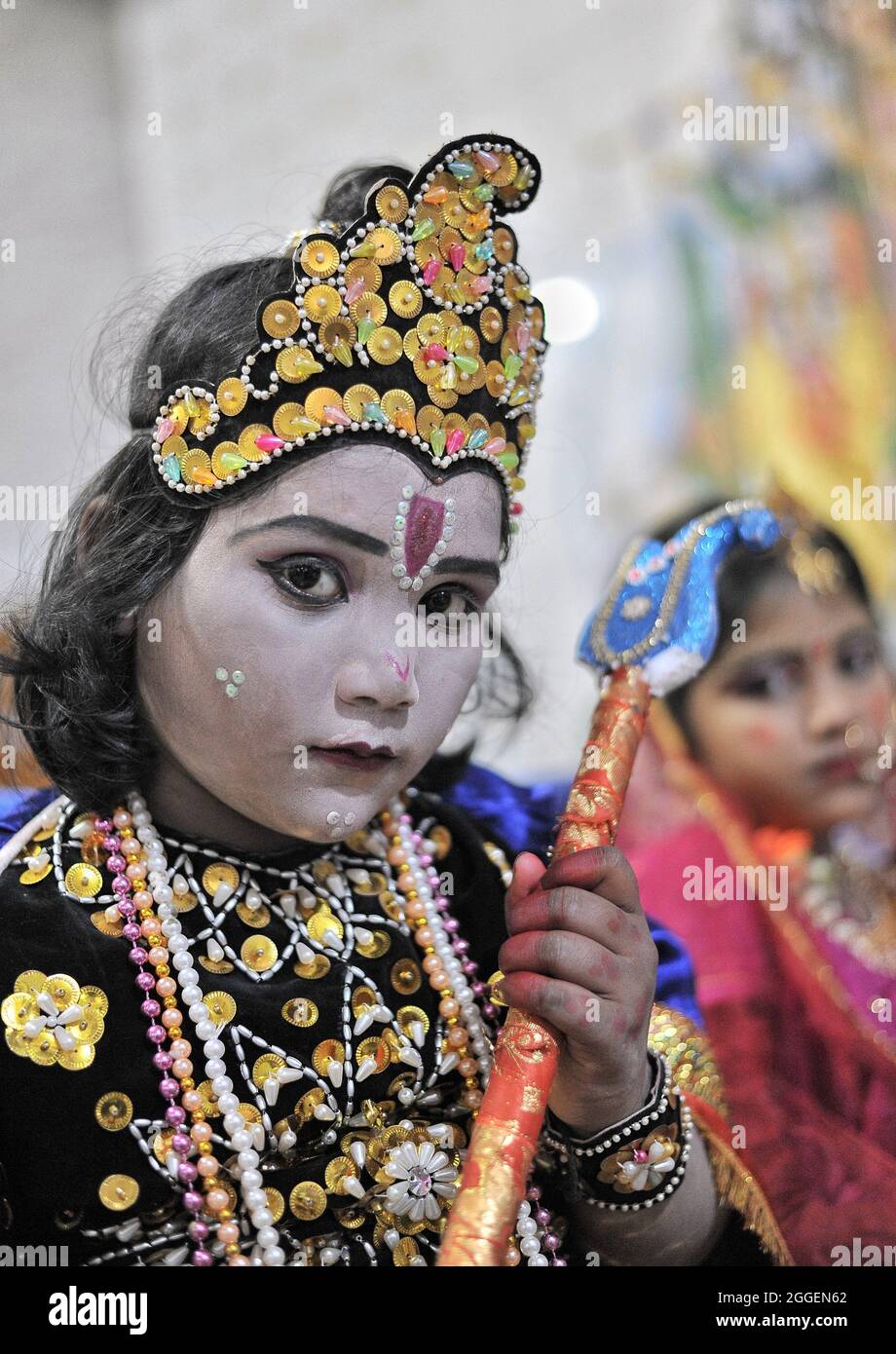 Dhaka, Bangladesh. 31st Aug, 2021. Among the government restrictions, one of biggest festival of Hindu traditionalists, Sri Krishna's birthday, which is known as Jonmastami, is celebrated on a limited scale. Today puja has done and prasad has been distributed in a temple of Rishi Para in the capital. (Photo by Md Saiful Amin/Pacific Press) Credit: Pacific Press Media Production Corp./Alamy Live News Stock Photo