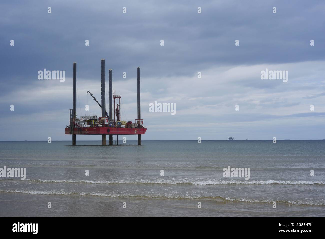 Jack up barges, also known as jack up rigs, are used as a stable base for the construction and servicing of a variety of overwater structures Stock Photo