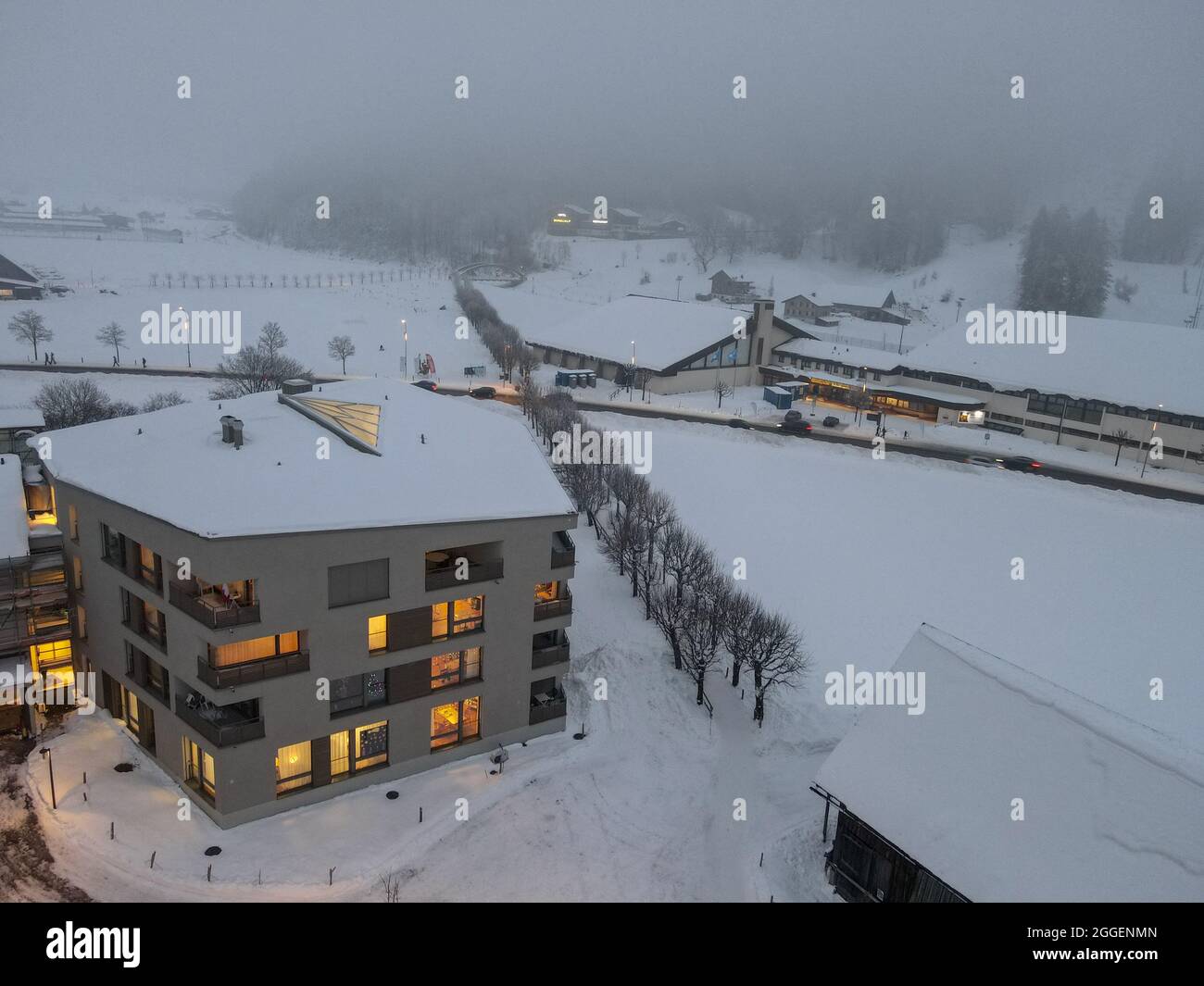 Drone night view at the village of Engelberg on the Swiss alps Stock ...