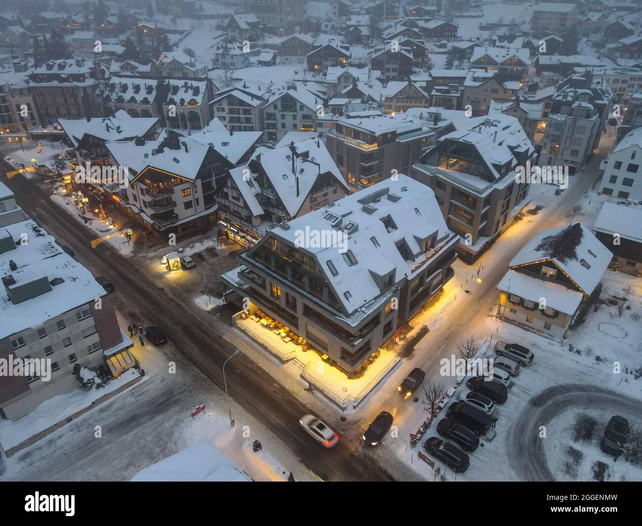 Drone night view at the village of Engelberg on the Swiss alps Stock ...