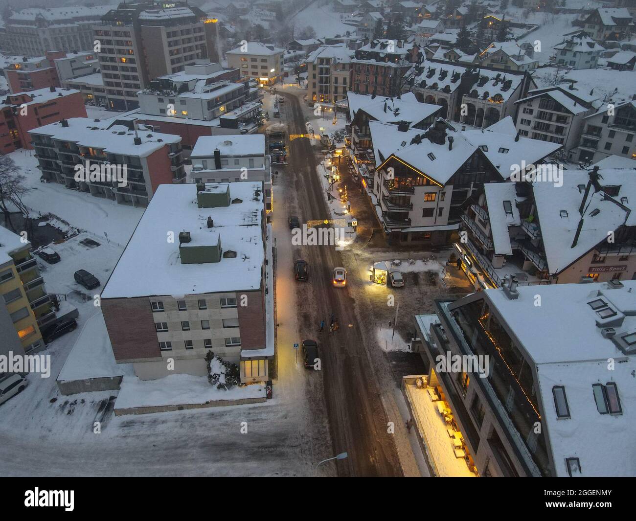 Drone night view at the village of Engelberg on the Swiss alps Stock ...