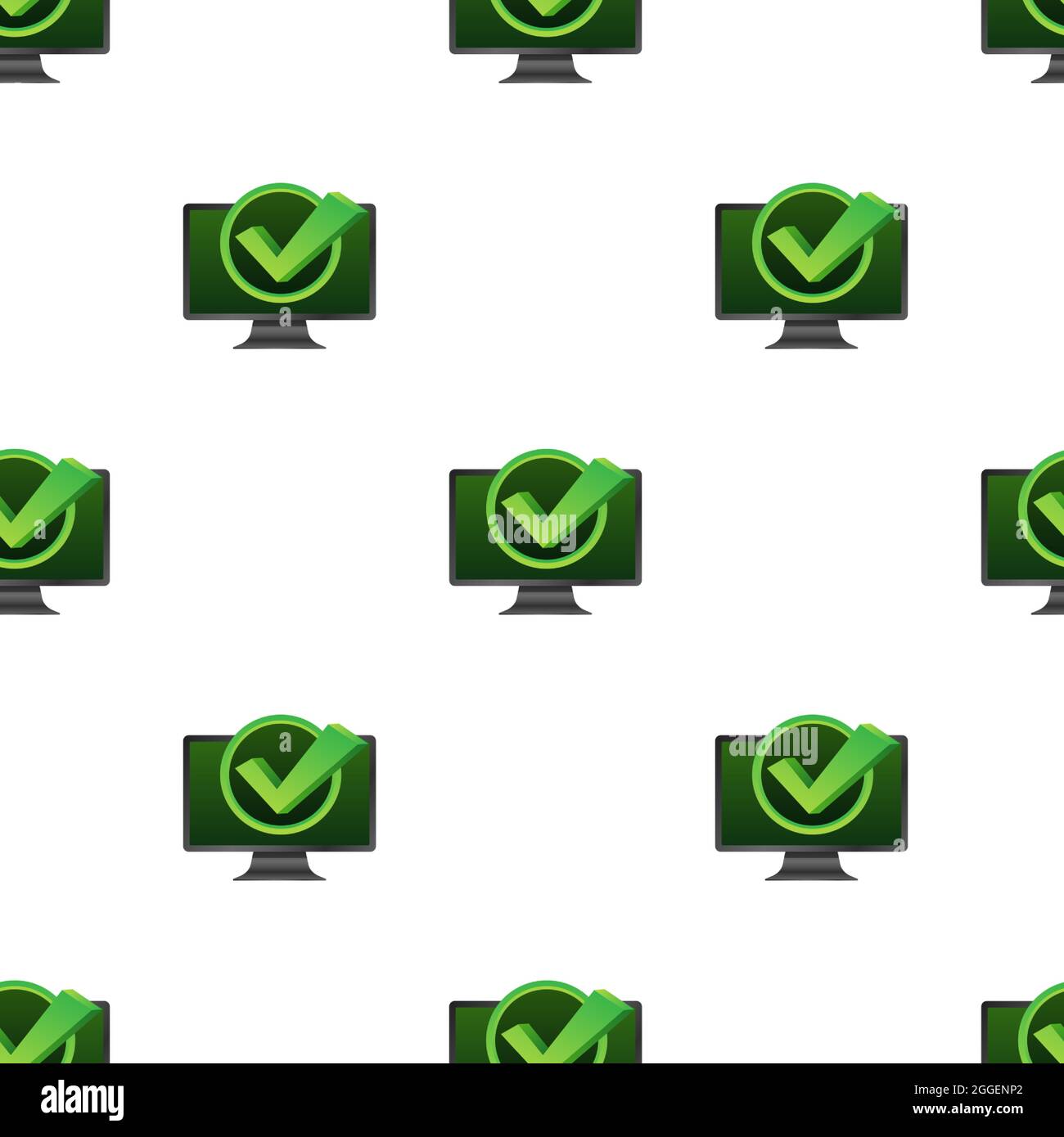 Monitor with checkmark or tick notification in bubble pattern. Approved choice. Accept or approve checkmark. Vector illustration. Stock Vector