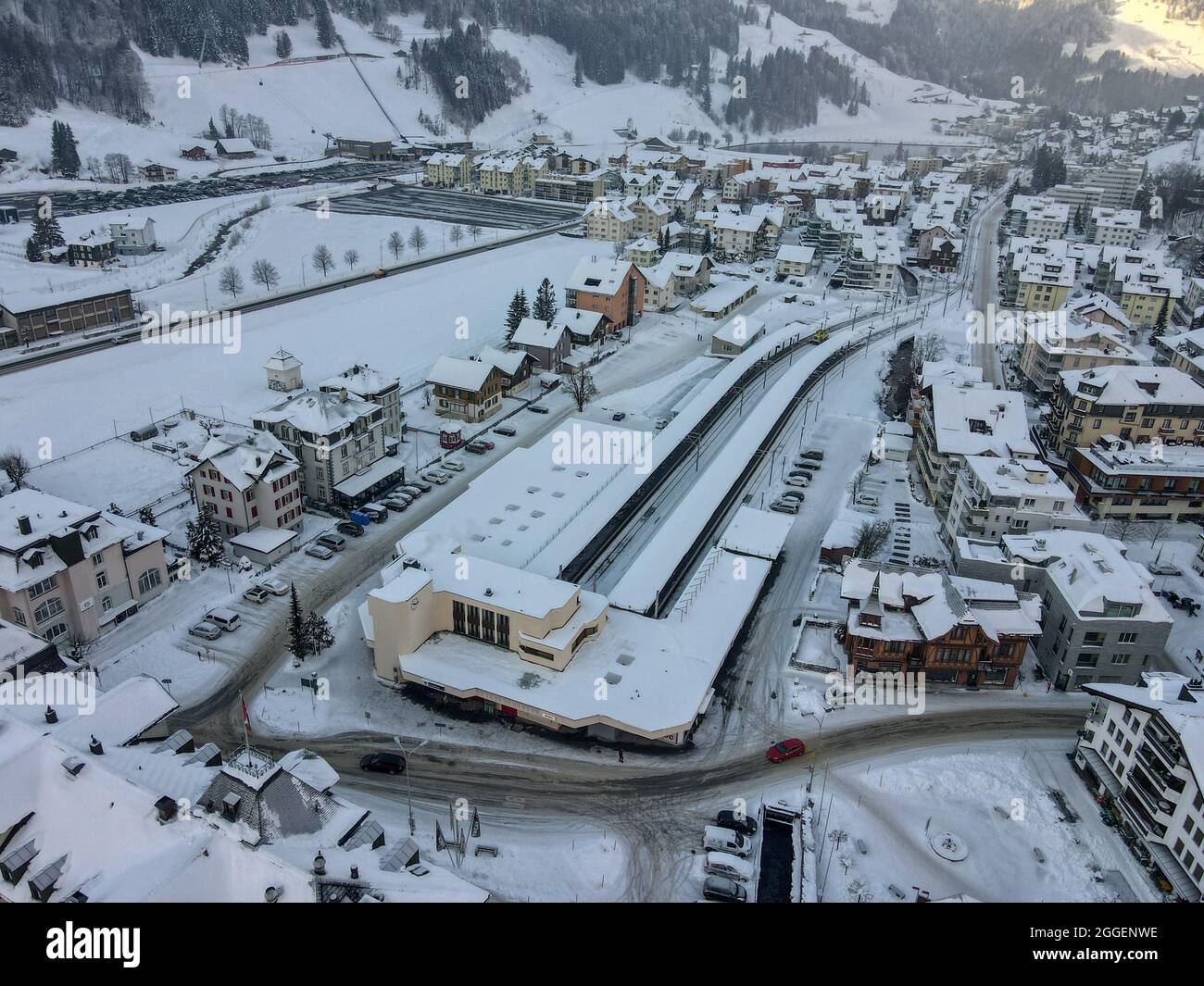 Drone view at the train station of Engelberg on the Swiss alps Stock Photo