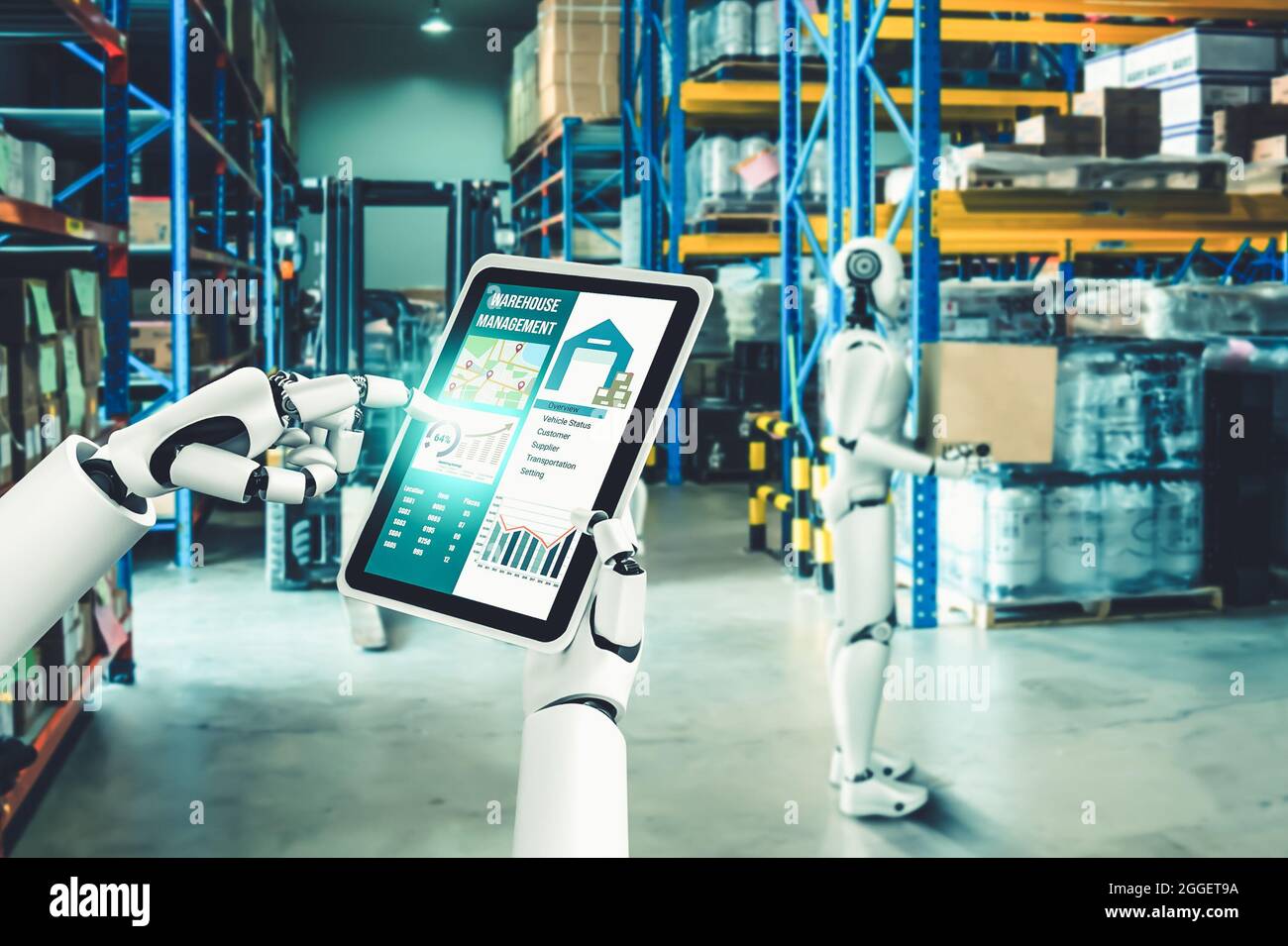 Innovative industry robot working in warehouse for human labor replacement . Concept of artificial intelligence for industrial revolution and Stock Photo