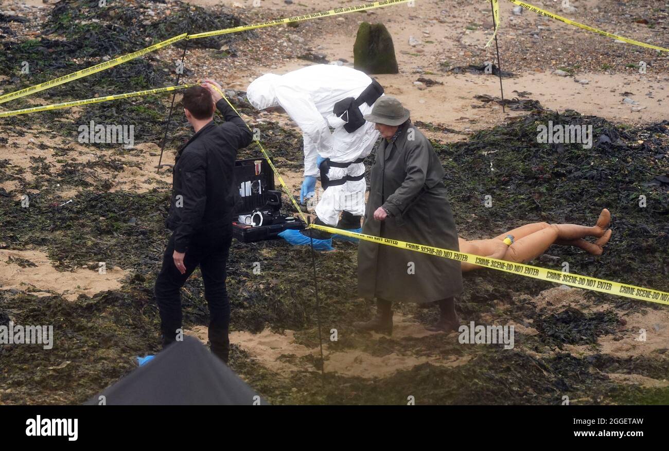 Brenda Blethyn, who plays DCI Vera Stanhope, and Kenny Doughty, who plays  DS Aiden Healy, on set during the filming of the ITV crime drama Vera at  Tynemouth on the North East