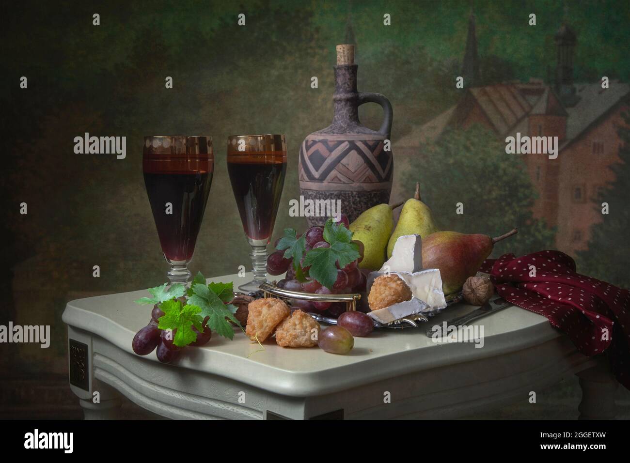Still life with red wine and Brie cheese Stock Photo - Alamy