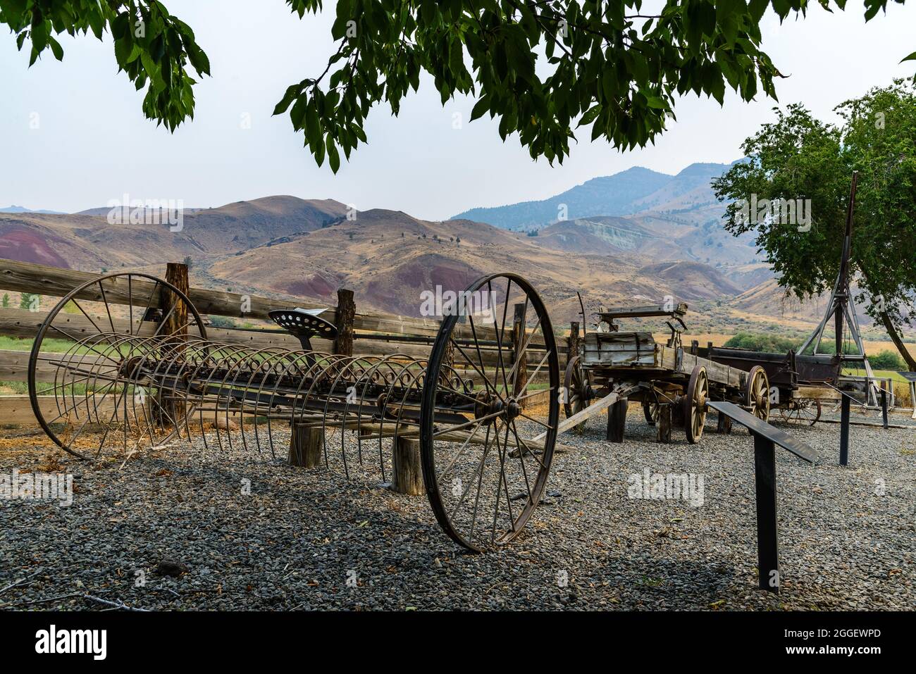 Farm equipments at the historic Jame Cant Ranch , John Day Fossil Beds National Monument. Kimberly, Oregon, USA. Stock Photo