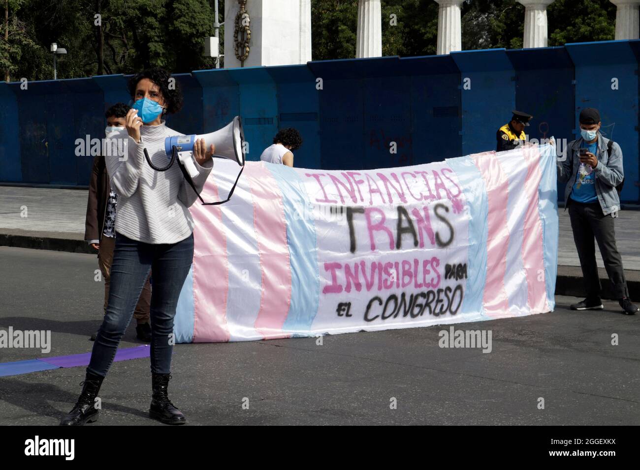 Integrants of human rights of LGTTTIQ+ community take part during a demonstration outside of the courts of Mexico City, to demand for a Transgender Children's law to be approved, with such law infants will have a birth certificate with their gender. On August 30, 2021 in Mexico City, Mexico. Photo by Luis Barron / Eyepix /ABACAPRESS.COM Stock Photo