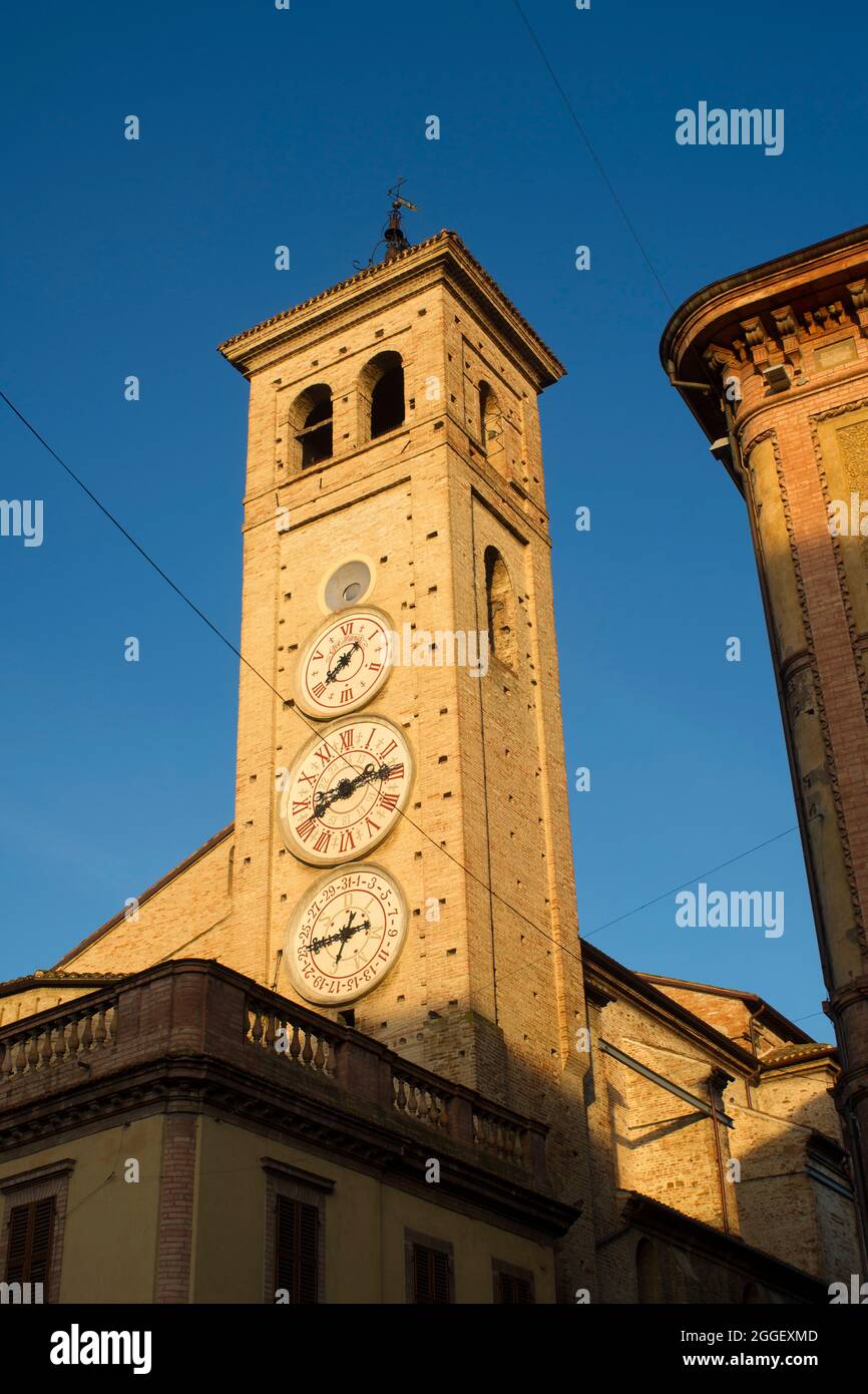 The church of San Francesco with the tower clocks in Tolentino Italy Stock Photo