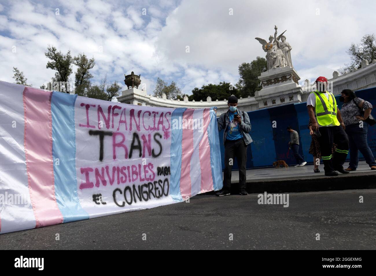 Integrants of human rights of LGTTTIQ+ community take part during a demonstration outside of the courts of Mexico City, to demand for a Transgender Children's law to be approved, with such law infants will have a birth certificate with their gender. On August 30, 2021 in Mexico City, Mexico. Photo by Luis Barron / Eyepix /ABACAPRESS.COM Stock Photo